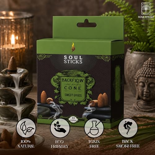 Soul Sticks Backflow Incense Cones – 40 PCS Organic Handmade Cones for Waterfall Burner | 4 Pack Long Lasting Aromatic Scents | Thick White Smoke Incense for Meditation, Spiritual Gift (Sweet Grass) - color: Sweet Grass