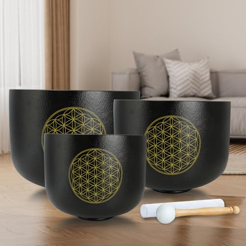 8"B 10"F 12"C Set of 3 Life of Flower Black Singing Bowls Frosted Chakra Quartz Sound Healing Crystal with 1 Mallet Suede 1 Striker 3 O-rings - size: 8"B 10"F 12"C