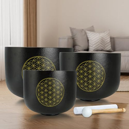 8"B 10"F 12"C Set of 3 Life of Flower Black Singing Bowls Frosted Chakra Quartz Sound Healing Crystal with 1 Mallet Suede 1 Striker 3 O-rings - size: 8"B 10"F 12"C