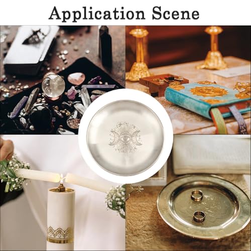 CREATCABIN Eye Altar Ritual Plate Dish Stainless Steel Flat Bowl Round Silver Jewelry Tray Tarot Offering Bowl Dish Candle Trinket Holder for Incense Burner Dowsing Divination 5.55 Inch - style: Silver Eye