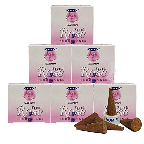 TRUMIRI Incense Cone Holder Bundle with Satya Fresh Rose Incense Dhoop Cones - Pack of 6 (Approx 72 Cones) - color: Fresh Rose