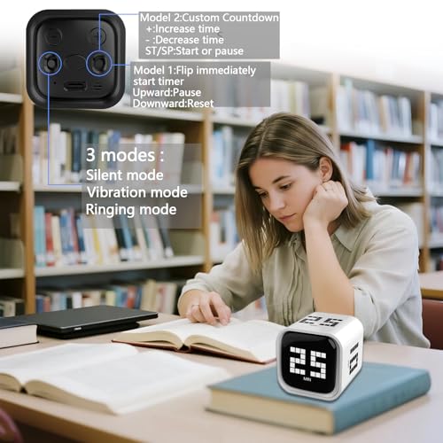 Rotating Focus Timer, 5/25/10/60-Minute Pomodoro Timer, Desk Flip Countdown with Vibration & Volume Control, ADHD-Friendly Tool for Office, Study, and Kitchen (White) - color: White
