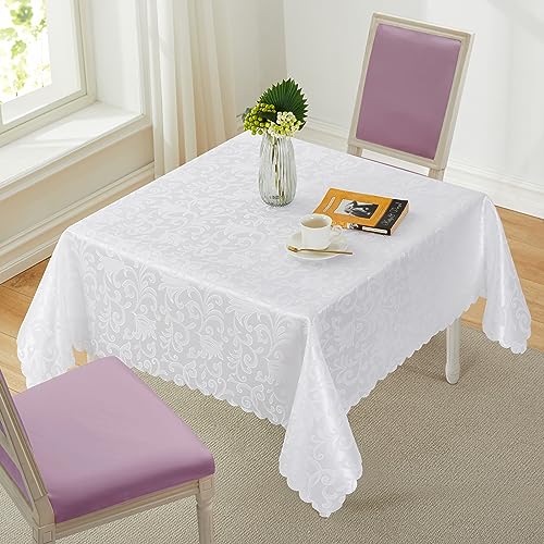 Wave Scroll Damask Jacquard Square White Tablecloth 52"X52"，Wipeable Table Cover for Dining Table, Buffet Parties and Camping - color: White, size: 52" x 52" (Square)