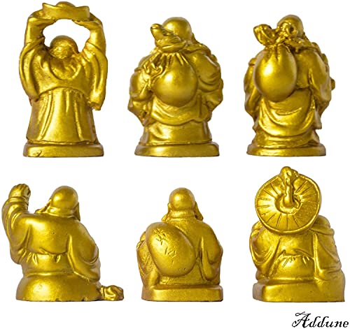 Set of 6 Laughing Happy Buddha Statue Resin Figurines Feng Shui for Luck Wealth Good Gift and Collection (2'', Gold) - color: Gold, style: 2''