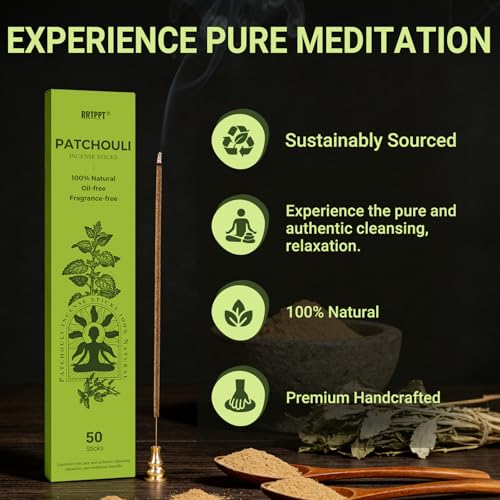 Patchouli Incense Sticks (50 Sticks), 100% Natural sustainably harvested Patchouli Leaves, Suitable for Yoga, Meditation, Relaxation, and Spiritual Purification - color: Patchouli