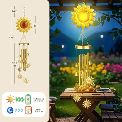 JYPS Solar Wind Chimes with Sunflower LED Lights, 42-Inch Large Waterproof Outdoor Garden Decor for Patio Yard, Unique Gifts for Women Mom Grandma, Mother's Day Christmas Birthday Easy-Install Design