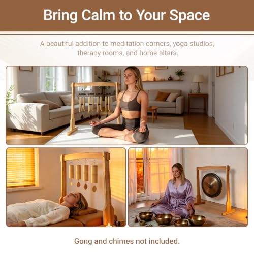 Wooden Wind Chime Stand & Gong Stand for 14 Inch Gong or 4 Koshi Chimes, Portable Tabletop Display Stand for Meditation, Sound Healing, Yoga Studio, Indoor Use with Base