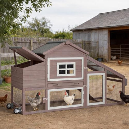 Aivituvin Chicken Coop with Run and Wheels, Mobile Outdoor Hen House Wooden Poultry Cage with Waterproof Roof (Brown, AIR23) - color: Brown, size: 67.3"L x 26.0"W x 39.4"H