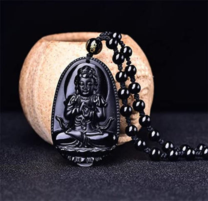 ASGIFT Black Obsidian Necklace Lucky Amulet Protection Pendant with Extended Bead Chain Healing Crystal Stone Talisman Necklaces Jewelry - color: Buddha Tathagata
