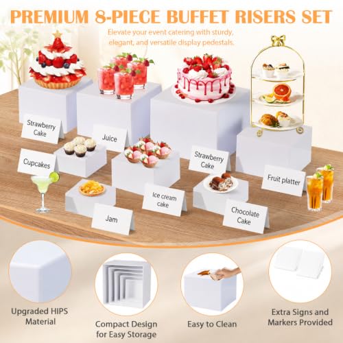 8 Pcs White Buffet Risers with Mini Signs, Nesting HIPS Food Display Stands