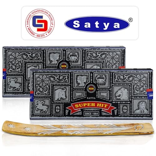 Satya Super Hit Incense Sticks 100g x 2 Pack (200g), Incense Holder Bundle, Nag Champa Natural Scent - style: SUPER HIT 200GM
