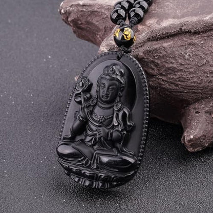 ASGIFT Black Obsidian Necklace Lucky Amulet Protection Pendant with Extended Bead Chain Healing Crystal Stone Talisman Necklaces Jewelry - color: Mahasthamaprapta