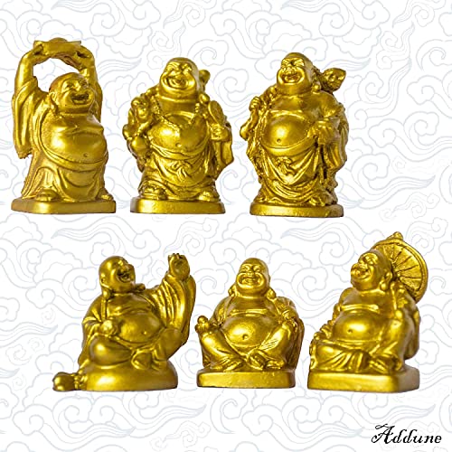 Set of 6 Laughing Happy Buddha Statue Resin Figurines Feng Shui for Luck Wealth Good Gift and Collection (2'', Gold) - color: Gold, style: 2''