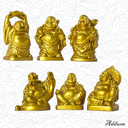 Set of 6 Laughing Happy Buddha Statue Resin Figurines Feng Shui for Luck Wealth Good Gift and Collection (2'', Gold) - color: Gold, style: 2''