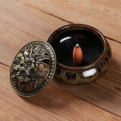 Incense Burner with Calabash Incense Stick Holder - Porcelain Charcoal Censer for Use with Resin Granular Powder Cone or Coil Incense (Fambe Green) - color: Fambe Green