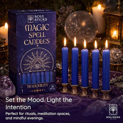 SOUL STICKS Tranquility Magic Spell Chime Taper Candles 20 Pack - Ideal for Altar, Rituals, Ceremonies, Meditation Blue Tapered Candle for Witchcraft Supplies, Wiccan Supplies, Candles Clearance - color: Tranquility Light Blue Chime Candles