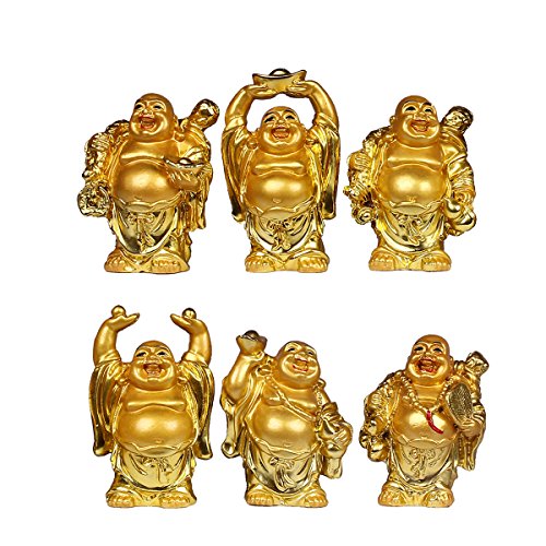 BRABUD Resin Laughing Buddha Figurines 2.5’’Height Gilting Buddha Statue Big 6 Set Gold - color: 2.5''resin Red Lips Set