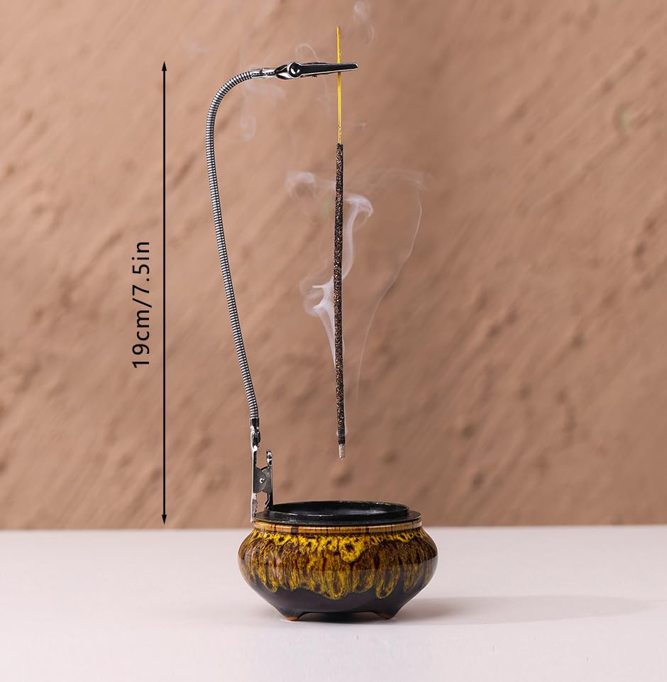 Incense Burner with Calabash Incense Stick Holder - Porcelain Charcoal Censer for Use with Resin Granular Powder Cone or Coil Incense (Fambe Yellow) - color: Fambe Yellow