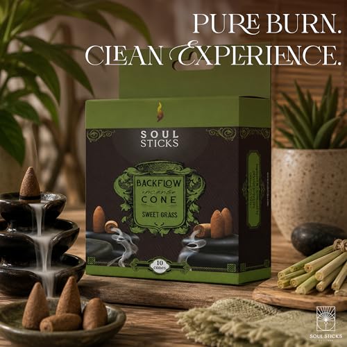 Soul Sticks Backflow Incense Cones – 40 PCS Organic Handmade Cones for Waterfall Burner | 4 Pack Long Lasting Aromatic Scents | Thick White Smoke Incense for Meditation, Spiritual Gift (Sweet Grass) - color: Sweet Grass