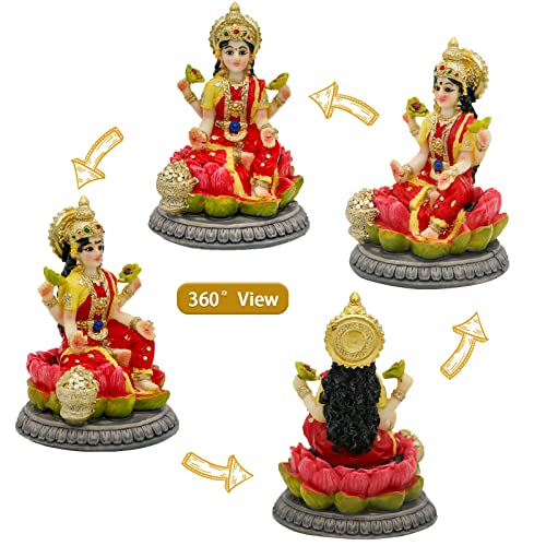 alikiki Small Hindu Goddess Lakshmi Statue - 3.9”H Indian Ido Laxmi Figurine for Car Dash Board Decor Home Office Mandir Temple Altar Shrine Pooja Item Murti for Diwali Puja Gifts