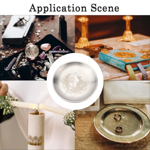 CREATCABIN Cat Moon Altar Ritual Plate Dish Stainless Steel Flat Bowl Round Silvery Tray Offering Bowl Dish Holder for Smudging Incense Burner Jewelry Dowsing Divination 5.55Inch - style: Cat Moon