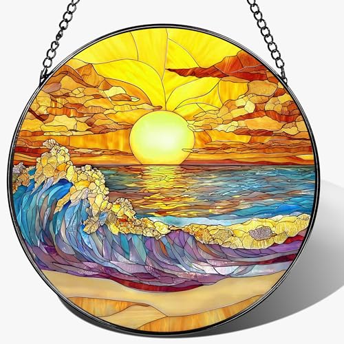 8-Inch Stained Glass Ornament, Stained Glass Window Hanging, Window Hanging Decor Suncatcher, Sunset on the Beach Ornament | Beach Gift, Gifts for Sunset Lovers, Friend, Family & Colleague - color: Sea Wave B