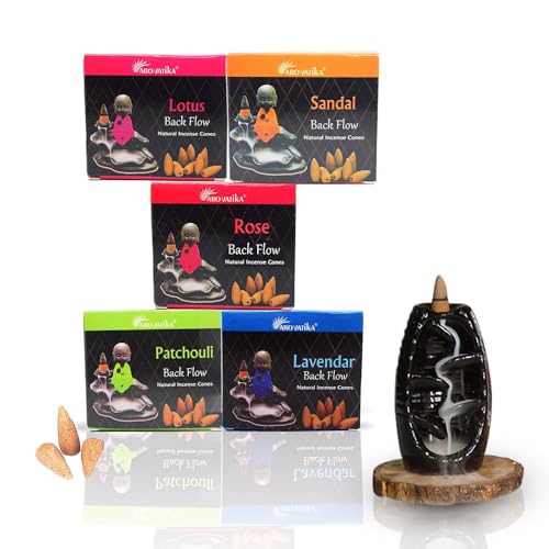 ARO VATIKA Backflow Natural Masala Pack 'B' Incense 50 Cones | 5 Assorted Fragrances of Patchouli, Sandal, Lavender, Rose, Lotus | Best for Prayer, Meditation & Home Fragrance | Burn time- 16-18 mins - color: Combo B