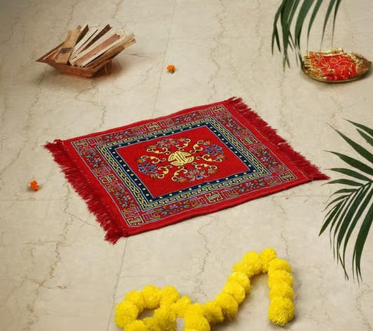 Red Pooja Aasan Mat with Floral Embroidery, 61x61 cm Pack of 2
