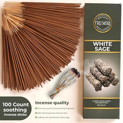 White Sage Incense Sticks - Pack of 100 Insence-Sticks for Cleansing Negative Energy - Made with Natural White Sage Smudge - Non Toxic Salvia Blanca Inciensos - Spiritual Insense Incents - color: White Sage