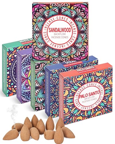 Backflow Incense Cones - 6 Mixed Natural Scents - Sandalwood, Lavender, Jasmine, Ocean, White Sage, Palo Santo, for Purification, Relaxation, Yoga, Meditation
