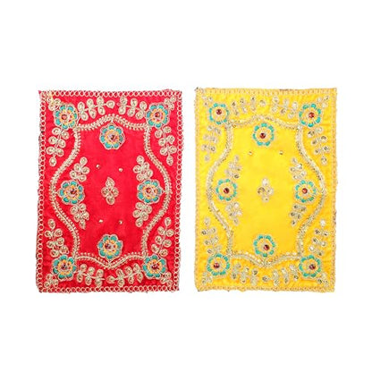 Set of 4 Mat Aasan Pooja Cloth God Idol Puja Temple Altar Cloth (9"X6") - color: Red, Yellow, Green and Orange