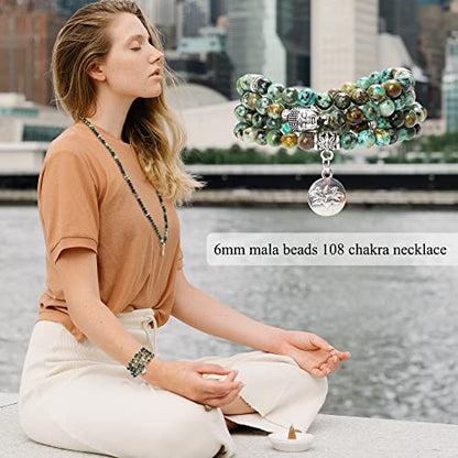 Bivei 108 Mala Beads Necklace Long Beaded Wrap Bracelets Genuine Gemstone Mala Prayer Beads Lotus Buddha Charm Yoga Meditation Necklace - color: Bloodstone-Lotus OM-Buddha