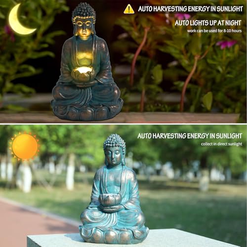 Bshine Buddha Statue Outdoor Solar Light with Lotus Lamp, Zen Garden Decor