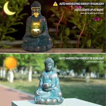 Bshine Buddha Statue Outdoor Solar Light with Lotus Lamp, Zen Garden Decor