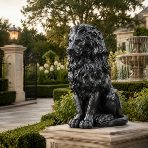 20.7" Black Lion Statue Outdoor Decor, Resin Sitting Lion Sculpture, Majestic Guardian Animal Figurine for Garden, Patio, Porch, Entryway, Courtyard, Lawn & Indoor Home Decoration - color: Black Lion