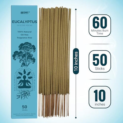 Eucalyptus Incense Sticks (50 Sticks), 100% Natural sustainably harvested Eucalyptus, Suitable for Yoga, Meditation, Relaxation, and Spiritual Purification - color: Eucalyptus