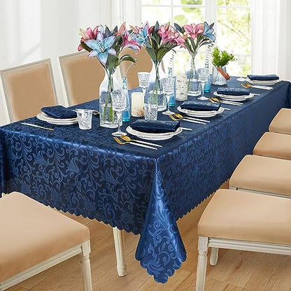 Wave Scroll Damask Jacquard Rectangle Deep Sea Blue Tablecloth 60" 120"，Wipeable Table Cover for Dining Table, Buffet Parties and Camping - color: Deep Sea Blue, size: 60" x 120" (Rectangle)