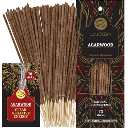 LOTS OF ZEN Agarwood Incense Sticks, Natural Oud Wood, 70 Count - color: Agarwood