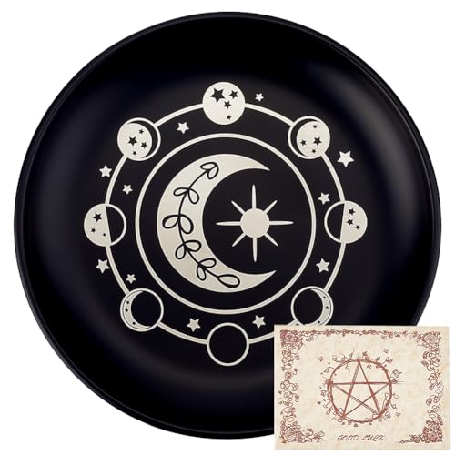 CREATCABIN Phase Moon Star Offering Bowl Altar Ritual Plate Stainless Steel Flat Bowl Round Tray Prayer Dish Candle Holder with Card Black Jewelry Dish for Smudging Incense Burner Decoration 5.55Inch - style: Phase Moon Star-61C