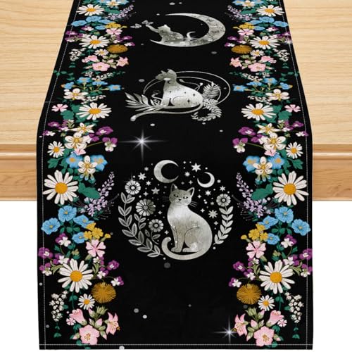 Moon Phase Cat Linen Table Runner, Mid-Century Boho Black Floral Starry Night Design, Mystical Animal Celestial Dining Table Decor for Kitchen or Living Room, 13x36 Inch - color: Black Moon Cat Floral, size: 13x36inch