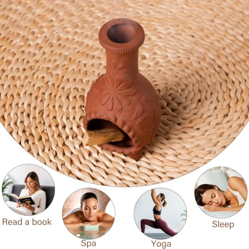 Handmade Palo Santo & Sage Burning Dish, Mini Floral Chiminea Smudge Bowl - color: Terracotta -Flower Palo Santo Holder