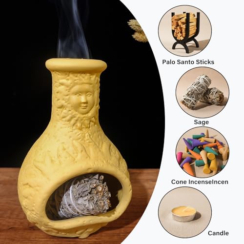 Yellow Mini Chiminea Palo Santo Holder, Handmade Ash Catcher Smudge Bowl - color: Sun Face Palo Santo Holder-yellow