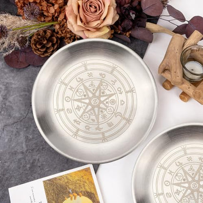 CREATCABIN Constellation Ritual Plate Altar Stainless Steel Flat Bowl Round Silvery Tray Offering Bowl Dish Holder Jewelry Dish for Smudging Incense Burner Meditation Tarot 5.55Inch - style: Constellation-01