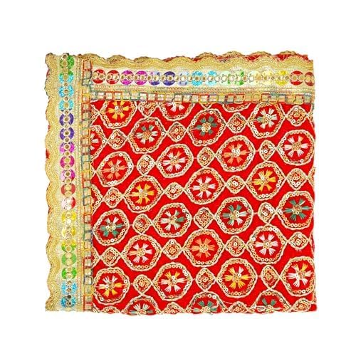 Decorative Mat Aasan Cloth Chunari Puja Chunar Velvet Cloth Chunari Aasan Mat for Indian Traditional Cultural Festival Decoration Statue Frame Idol Temple(Size:- 18 Inches x 12 Inches)(Red)
