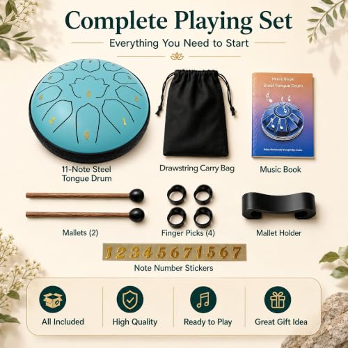 6.5-Inch 11-Note Steel Tongue Drum, Rain Drum for Outside & Garden - color: Sky Blue, size: 6.5 Inch 11 Notes