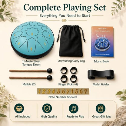 6.5-Inch 11-Note Steel Tongue Drum, Rain Drum for Outside & Garden - color: Sky Blue, size: 6.5 Inch 11 Notes