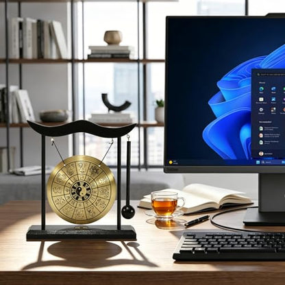 Chinese Gong Desktop,Twelve Chinese Zodiac Signs Zen Art Decor,Copper Gong with Wood Stand for Asian Decor,Meditation Sound Tool,Desk Display Office Home Blessing Gift (Chinese Zodiac)