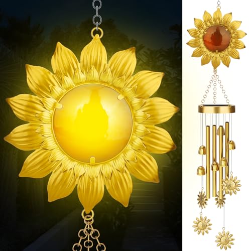 JYPS Solar Wind Chimes with Sunflower LED Lights, 42-Inch Large Waterproof Outdoor Garden Decor for Patio Yard, Unique Gifts for Women Mom Grandma, Mother's Day Christmas Birthday Easy-Install Design