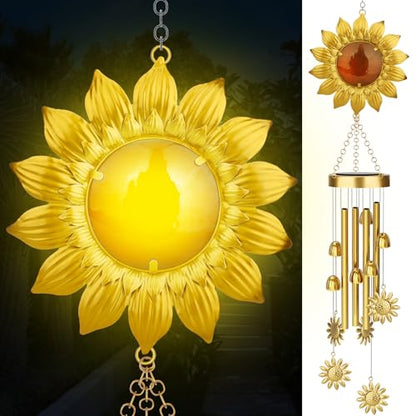 JYPS Solar Wind Chimes with Sunflower LED Lights, 42-Inch Large Waterproof Outdoor Garden Decor for Patio Yard, Unique Gifts for Women Mom Grandma, Mother's Day Christmas Birthday Easy-Install Design