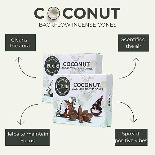 TRUMIRI Coconut Backflow Incense Cones - Total 20 Incense Cones Waterfall - Dual Pack of 10 Incense Backflow Cones - Waterfall Incense Cones - Incense Waterfall Cones - color: Coconut, size: Pack of 2 (20 Cones)